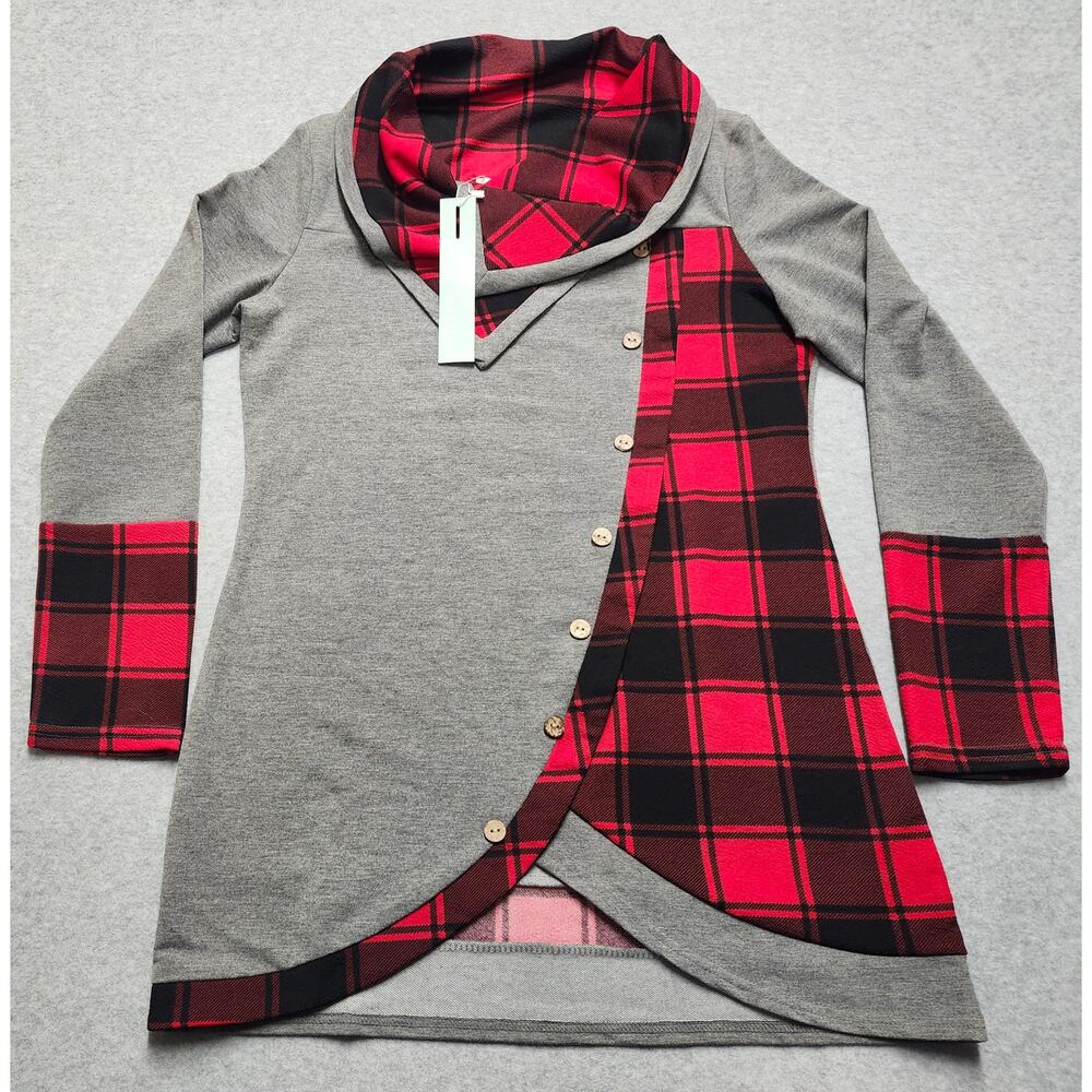 Dressfo Gray Red Plaid Cowl Neck Button Accent Tunic Top XL